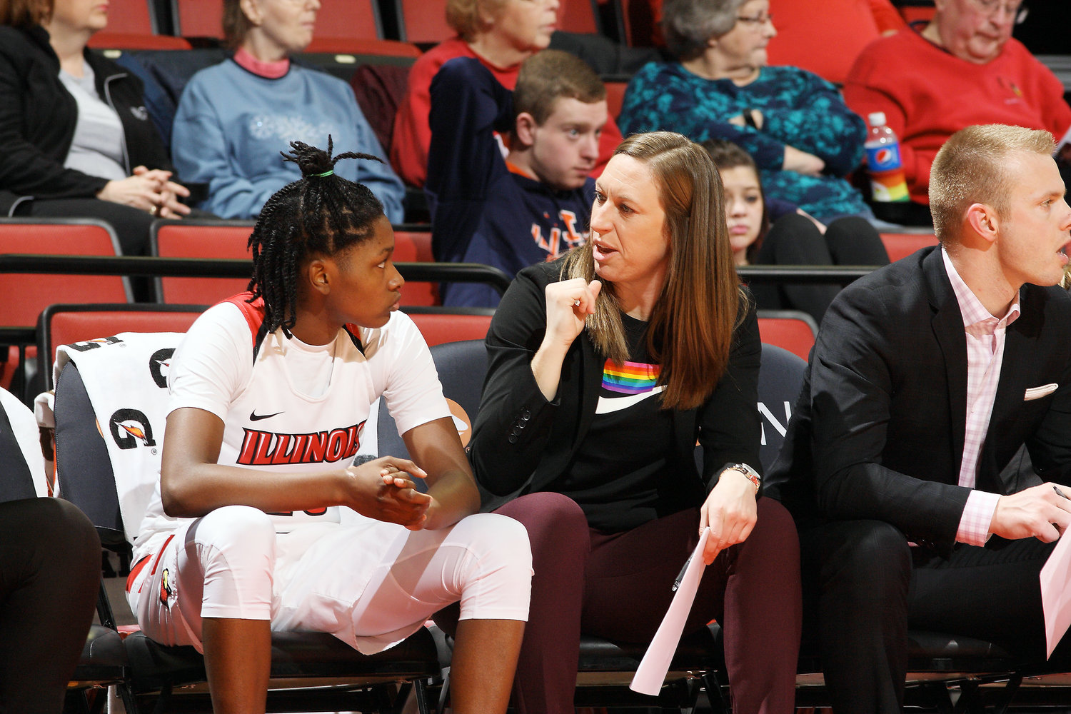 Jessica Keller (at right) is shown coaching one of Illinois State University’s (ISU) players during a game last winter in Normal, Ill. She was recently promoted to associate head coach of the ISU women’s basketball program.